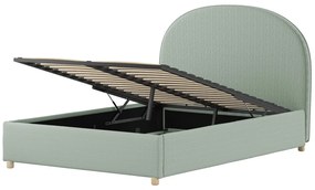 Pat tapițat pentru copii MOON, 140 x 200 cm, verde, cu țesătură bouclé și spațiu de depozitare – Vipack