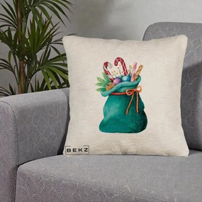 Perna Decorativa Saculet Cadouri Mos Craciun Acuarela Verde, 40x40 cm, Bej Canapea, Husa Detasabila, Perna Inclusa, BEKZ®
