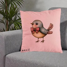 Perna Decorativa Pasare Bleu cu Fundita Rosie, 40x40 cm, Roz, Husa Detasabila, Perna Inclusa, BEKZ®