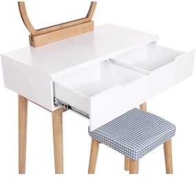 Masa cosmetica cu taburet si oglinda rotunda Alb+Natur