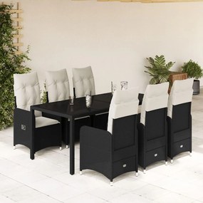 3276993 vidaXL Set bistro de grădină, 7 piese, cu perne, negru, poliratan