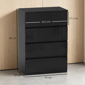 HOMCOM Comodă cu 4 Sertare din Lemn, pentru Dormitor, Modernă și Multifuncțională, 55x33x80 cm, Negru | Aosom Romania