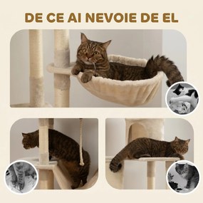 PawHut Ansamblu de Zgâriat pentru Pisici, 206 cm, cu Stâlpi din Sisal, Peșteri și Hamace, Bej | Aosom Romania