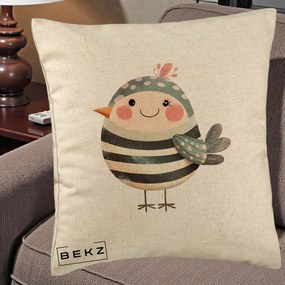 Perna Decorativa Pui Kawaii Teal cu Flori, 40x40 cm, Bej, Husa Detasabila, Perna Inclusa, BEKZ®