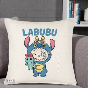 Perna Personalizata Labubu x Stitch cu Flori, 40x40 cm, Crem Reliefat, Husa Detasabila, Perna Inclusa, BEKZ®
