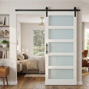 HOMCOM Ușă Glisantă 91.4x213.4cm cu Kit, Panouri din Sticlă, Aspect Lemn Alb | Aosom Romania