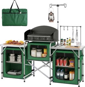 Outsunny Mobilier de Bucătărie pentru Camping Pliabil cu 3 Blaturi, 4 Cârlige, Stâlp de Lumină și Husă de Transport 172x48x119 cm Verde | Aosom Romania