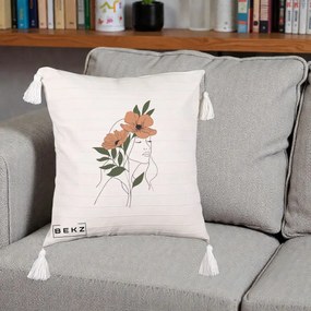 Perna Decorativa Portret Feminin Doua Maci Terracotta, 40x40 cm, Bej cu Franjuri, Husa Detasabila, Perna Inclusa, BEKZ®