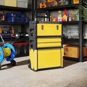 HOMCOM Set de 3 cutii de scule pe roți suprapuse și modulare din oțel cu tavă, mânere și încuietoare, galben | Aosom Romania