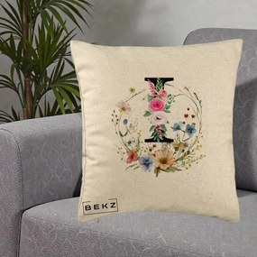 Cadou Personalizat - Perna Personalizata Monogram Litera I cu Flori Acuarela, 40x40 cm, Bej, Husa Detasabila, Perna Inclusa, BEKZ®