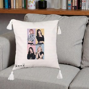 Perna Personalizata K-pop BLACKPINK Negru, 40x40 cm, Bej cu Franjuri, Husa Detasabila, Perna Inclusa, BEKZ®