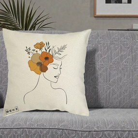 Perna Decorativa Portret Feminin Flori Galbene-Portocalii, 40x40 cm, Ecru, Husa Detasabila, Perna Inclusa, BEKZ®