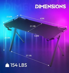 DOWINX Birou de Gaming RGB cu Iluminare Multicoloră și Design din Fibră de Carbon, Telecomanda, Mouse pad impermeabil, 160 cm, Negru