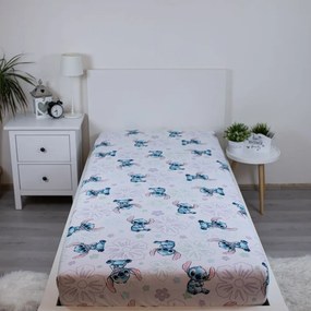 Cearceaf pentru copii alb din bumbac pentru pat de o persoană cu elastic 90x200 cm Lilo and Stitch "Ohana White" – Jerry Fabrics