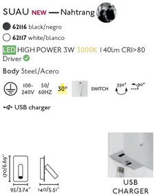 Aplica cu reader LED minimalista cu USB charger SUAU Black