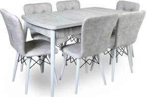 Set masa extensibila cu 6 scaune tapitate Homs cristal  bej-picior-alb-170 x 80 cm