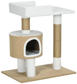 PawHut Copac zgâriat Copac de pisici cu casă de pisici, 1 casă de pisici, 1 pat, 70 cm x 49 cm x 79 cm, Natur + Alb | Aosom Romania