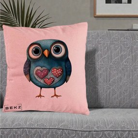 Perna Decorativa Bufnita Teal cu Doua Inimi, 40x40 cm, Roz, Husa Detasabila, Perna Inclusa, BEKZ®