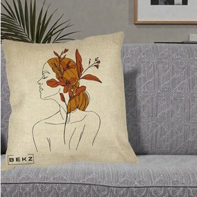 Perna Decorativa Portret Feminin Crin Ruginiu Auriu, 40x40 cm, Crem, Husa Detasabila, Perna Inclusa, BEKZ®