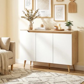 HOMCOM Bufet Bucătărie, Mobilier Bucătărie cu 3 Uși, Rafturi Ajustabile și 5 Picioare din Lemn de Cauciuc, Stil Modern, Bufet pentru Living, Sufragerie, Sală de Masă, Alb și Stejar | Aosom Romania