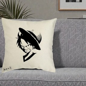 Perna Personalizata One Piece Luffy Silueta Alb-Negru, 40x40 cm, Ecru, Husa Detasabila, Perna Inclusa, BEKZ®