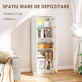 HOMCOM Dulap Multifuncțional cu Uși Batante, 5 Rafturi și 3 Niveluri Reglabile, 60x31,5x165 cm, Alb | Aosom Romania