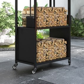 Outsunny Suport pentru Lemne de Foc de Interior și Exterior cu Roți și 4 Ustensile, cu Lopățică, Vătrai, Perie și Clește, Metal, 45 x 30 x 118 cm, Negru | Aosom Romania
