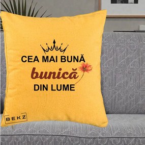 Cadou pentru Bunica - Perna Personalizata Cea Mai Buna Bunica Din Lume Coroana Mov Floare Roz, 40x40 cm, Galben, Husa Detasabila, Perna Inclusa, BEKZ®