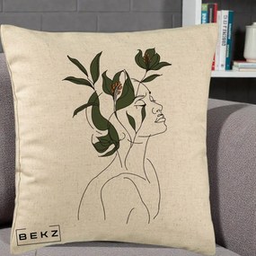 Perna Decorativa Portret Feminin Crin Verde, 40x40 cm, Bej, Husa Detasabila, Perna Inclusa, BEKZ®