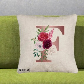 Cadou Personalizat - Perna Personalizata Monograma Rose Gold Litera F, 40x40 cm, Bej Canapea, Husa Detasabila, Perna Inclusa, BEKZ®