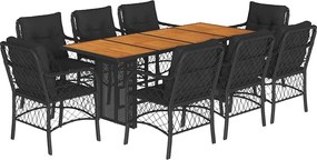 vidaXL Set mobilier de grădină cu perne, 9 piese, negru, poliratan