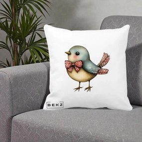 Perna Decorativa Pasare Bleu cu Fundita Rosie, 40x40 cm, Alba Mata, Husa Detasabila, Perna Inclusa, BEKZ®