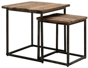 Set 2 masute laterale din metal si lemn reciclat, cu aspect vintage, Oregon