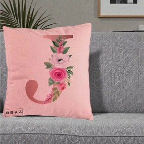 Cadou Personalizat - Perna Personalizata Monograma Rose Gold Litera J, 40x40 cm, Roz, Husa Detasabila, Perna Inclusa, BEKZ®