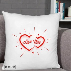 Cadou Romantic - Perna Personalizata Love You Doua Inimi, 40x40 cm, Alb Pufos, Husa Detasabila, Perna Inclusa, BEKZ®