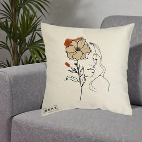 Perna Decorativa Portret Feminin Floare Bej Terracotta, 40x40 cm, Ecru, Husa Detasabila, Perna Inclusa, BEKZ®