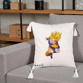 Perna Personalizata Dragon Ball Goku Super Saiyan 2 Lupta, 40x40 cm, Bej cu Franjuri, Husa Detasabila, Perna Inclusa, BEKZ®