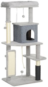 PawHut Ansamblu de Joacă pentru Pisici Multinivel Înalt 132 cm cu Căsuță, Culcuș, Stâlpi de Zgâriat, Perie și Minge, Gri | Aosom Romania