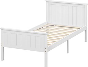 HOMCOM Cadru de pat 90 x 200 cm, pat simplu din lemn masiv cu somieră cu lamele, tăblie și tablie la picioare incluse, asamblare ușoară, alb | Aosom Romania