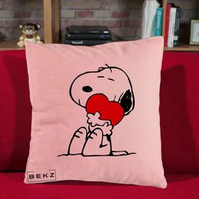 Perna Personalizata Snoopy cu Inima, 40x40 cm, Roz, Husa Detasabila, Perna Inclusa, BEKZ®