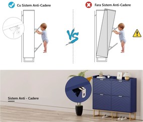 PANN5 - Pantofar 100 cm ingust, 4 compartimente, pantofare, depozitare pantofi, mobilier hol - Negru / Albastru / Gri - Auriu