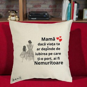 Cadou pentru Mama - Perna Personalizata Mama Nemuritoare Line Art, 40x40 cm, Ecru, Husa Detasabila, Perna Inclusa, BEKZ®