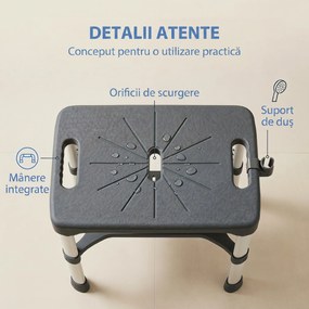 HOMCOM Scaun de Duș din Aluminiu cu Raft Integrat, Înălțime Reglabilă pe 5 Niveluri, Suport 150kg, Gri | Aosom Romania