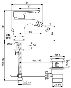 Baterie bideu Ideal Standard Alpha, 3/8'', monocomanda, evacuare cu tija, crom - BC487AA