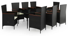 Set mobilier pentru gradina cu perne, 9 piese, negru negru si maro, Lungime masa 200 cm, 9