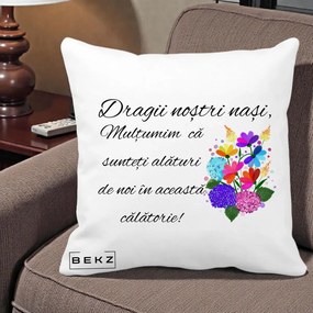 Cadou pentru Nasi - Perna Personalizata Dragii Nostri Nasi Multumim cu Flori Multicolore, 40x40 cm, Alba Mata, Husa Detasabila, Perna Inclusa, BEKZ®