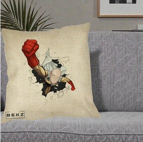 Perna Personalizata One Punch Man Saitama Pumn, 40x40 cm, Crem, Husa Detasabila, Perna Inclusa, BEKZ®