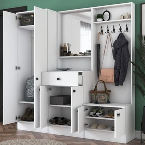 Pantofar Cuier Hol Genus cu 6 usi si oglinda, Alb, 180 x 183 x 37 cm
