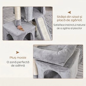 PawHut Ansamblu pentru pisici cu stalpi din sisal, pat si 2 case cu tapiterie de plus, 59x39x83cm, gri | Aosom Romania