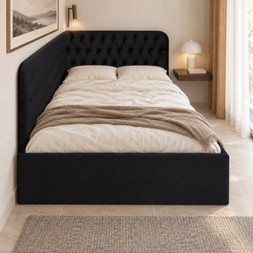 Pat tapițat pentru copii din catifea Elyra 140×200 cm, negru, colț stânga, cu ladă de depozitare